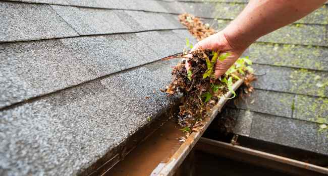 person removing debris from gutters